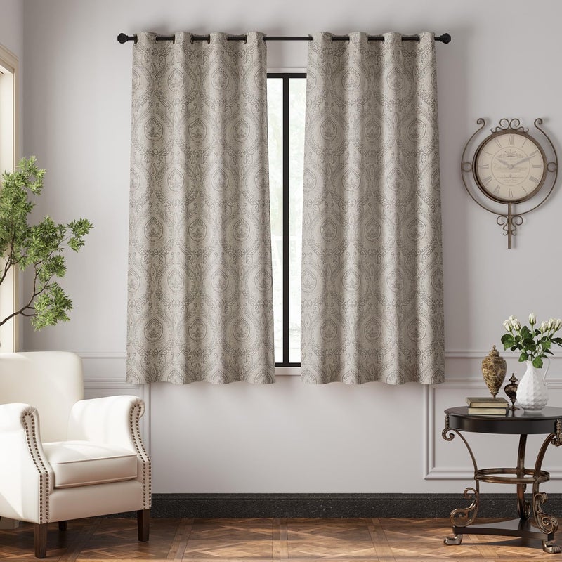 jinchan Linen Textured Curtains for Living Room Darkening 63 Inch Length, Medallion Drapes for Bedroom, Damask Pattern Window Treatments Vintage Curtain Panels, 2 Panels Grey on Greige - Image 2